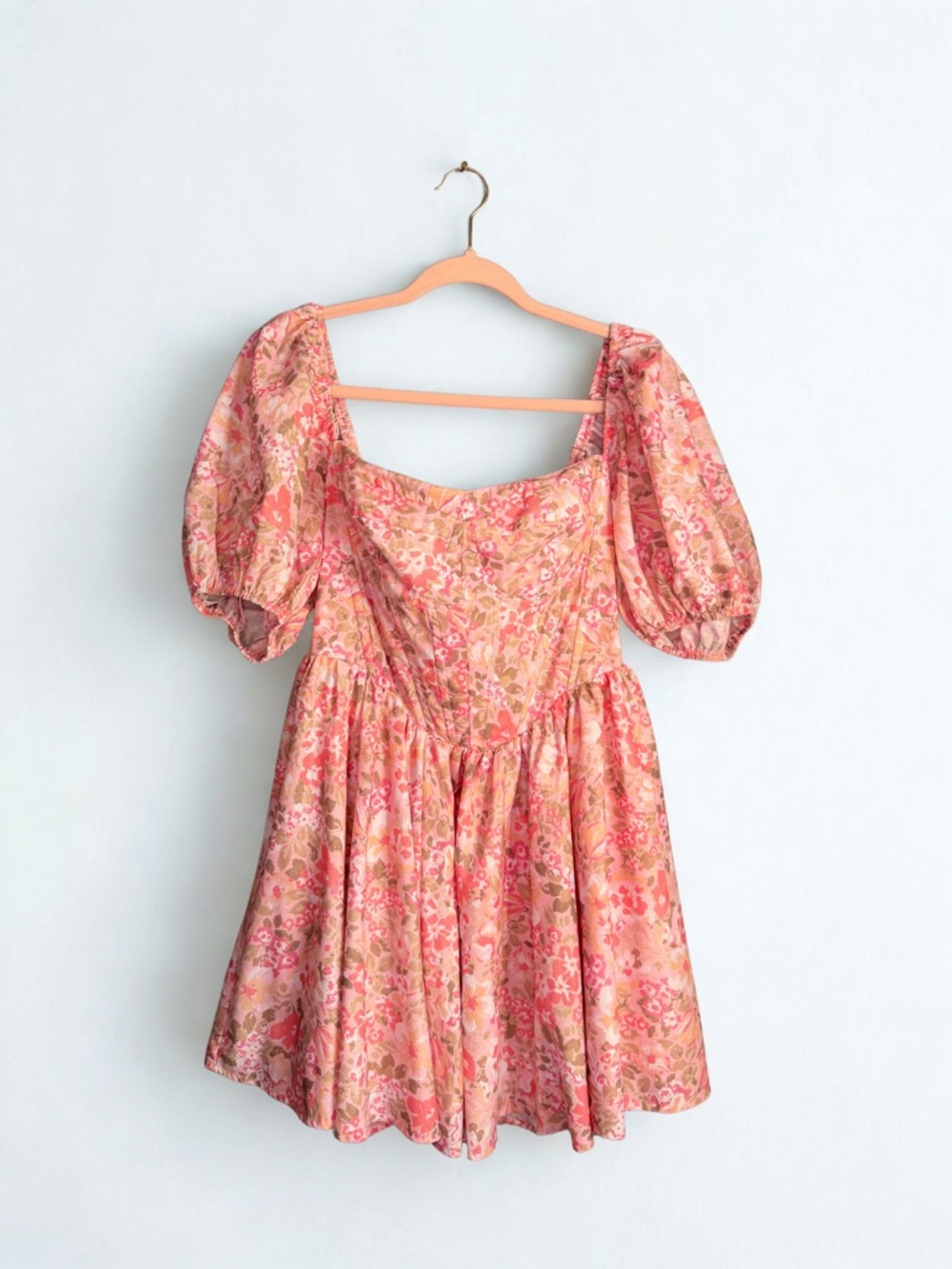 Floral Square-Neck Puff Sleeve Corset Dress in Pink
